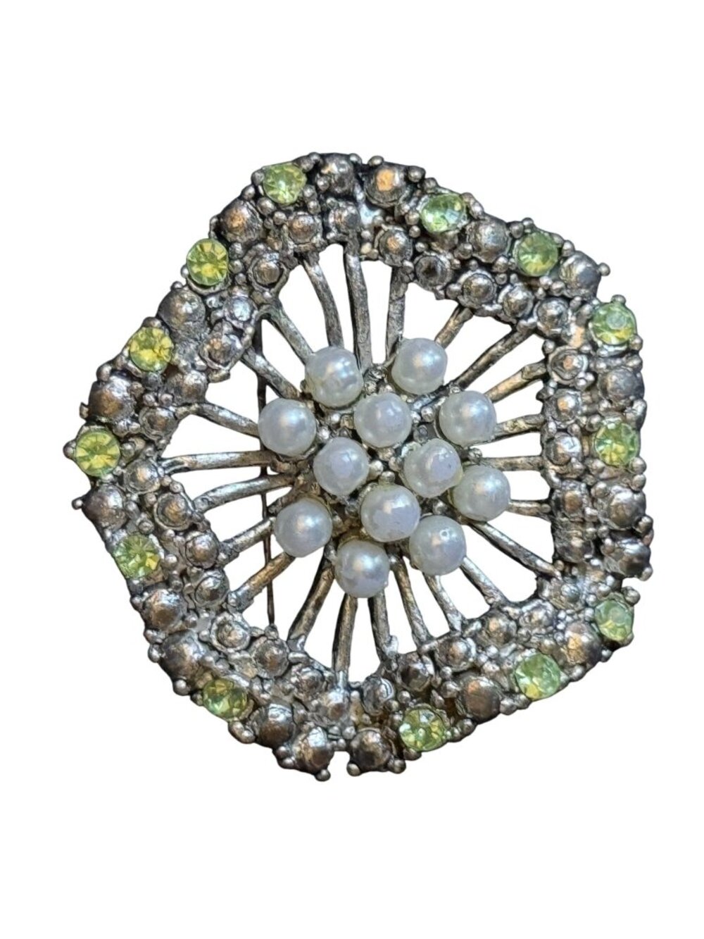 Vintage Silver-Tone Brooch With Faux Pearls & Green Rhinestones